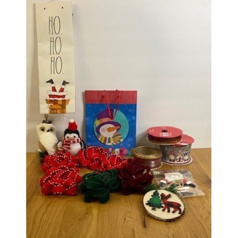 Mixed Lot Christmas Decor Gift Wrap Lot Mixed Good Ribbons Ornaments